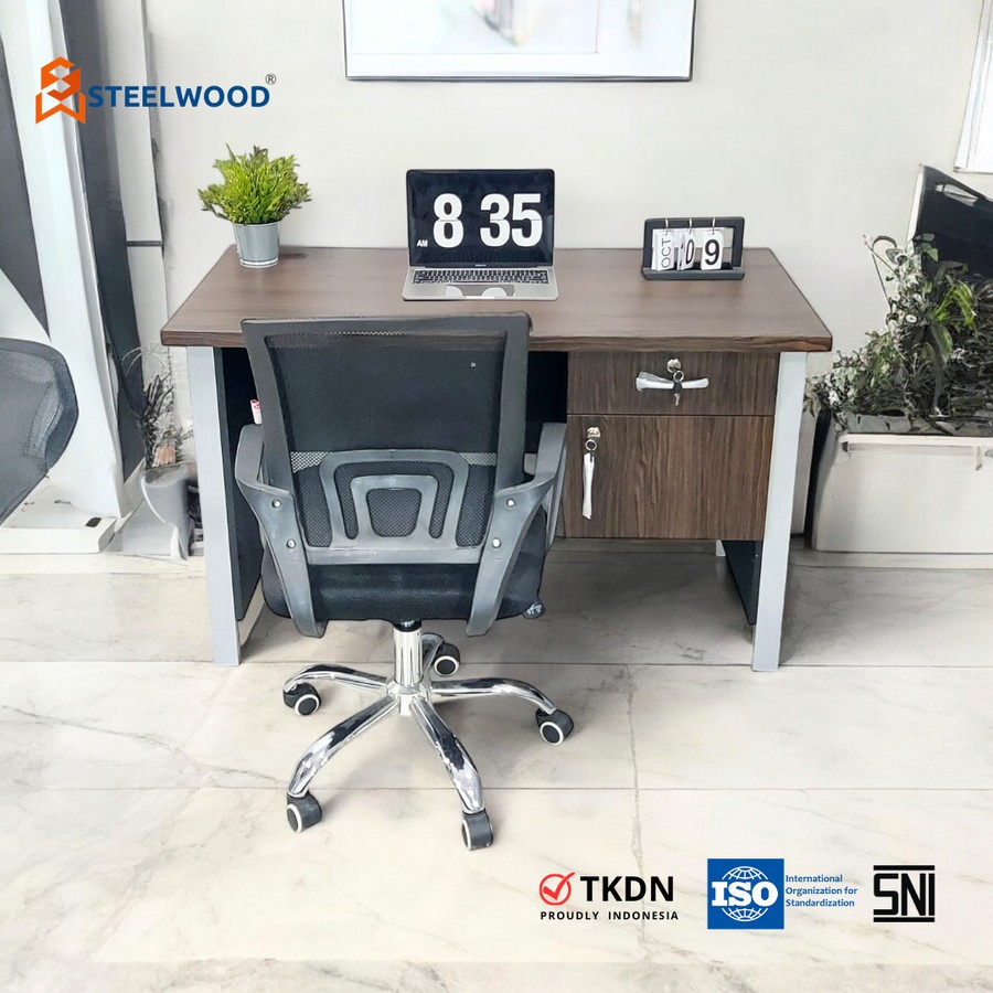 STEELWOOD || MEJA KANTOR 1/2 BIRO 1 LACI & 1 LOCKER KAKI BESI MEJA KANTOR/MEJA KERJA/MEJA KAYU/LACI 