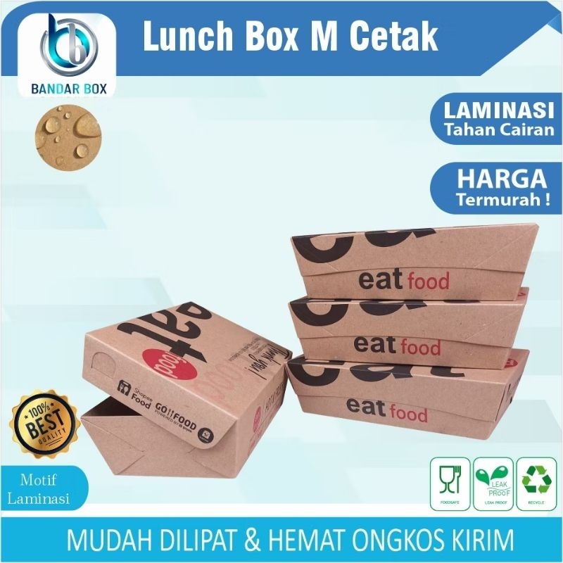 Paper lunch box M motif eatfood kraft(100 pcs )Box makanan Dus Nasi Kotak Makan Kue laminasi glossy 