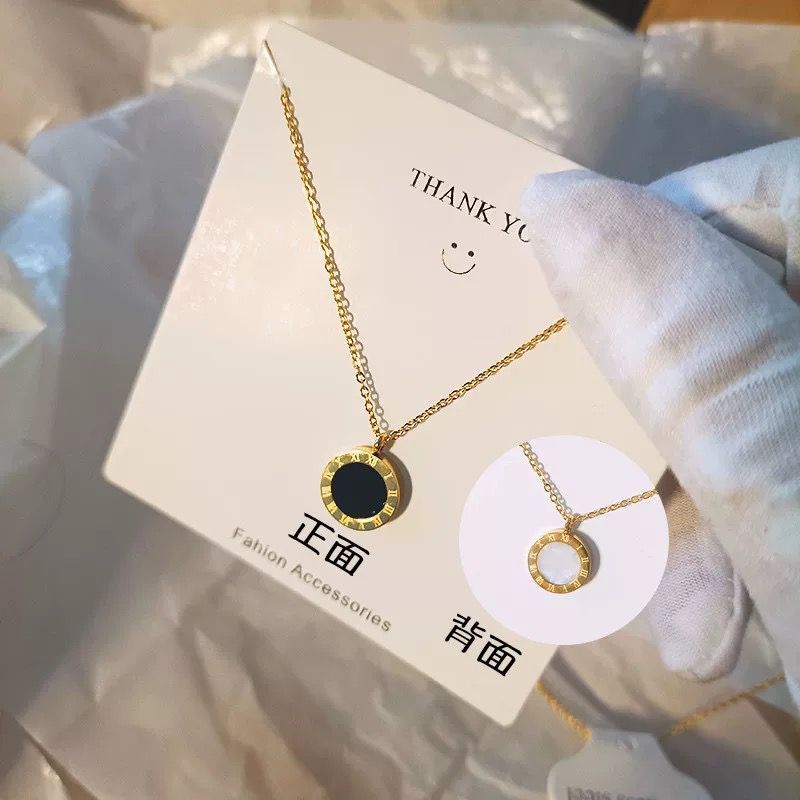 Kalung Viral Kekinian Wanita Liontin Bulat Hitam Titanium Steel