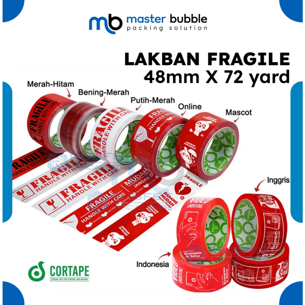 

Lakban / Selotip / Isolasi FRAGILE Handle With Care / Mudah Pecah Belah ANEKA VARIAN MURAH SATUAN