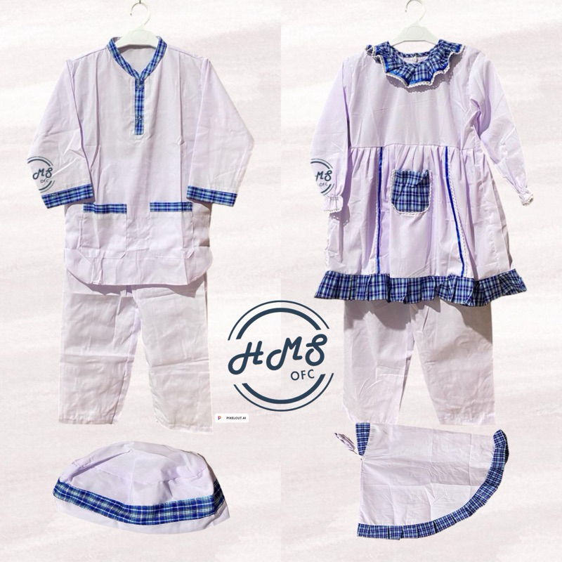 Baju seragam muslim TK/manasik putih kotak biru