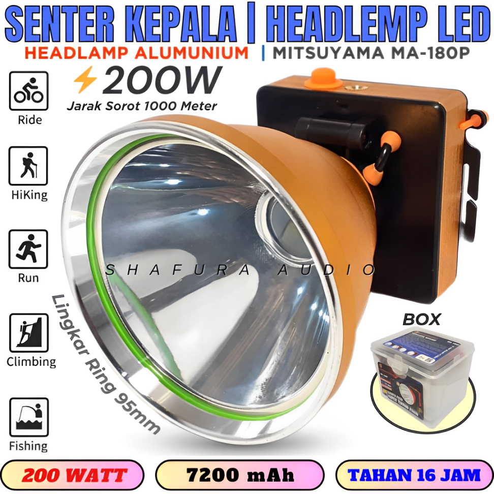 Senter Kepala Led 200w Mitsuyama Ms-180p - Cahaya Super Terang - Jarak Jauh - Tahan Lama – Aluminium