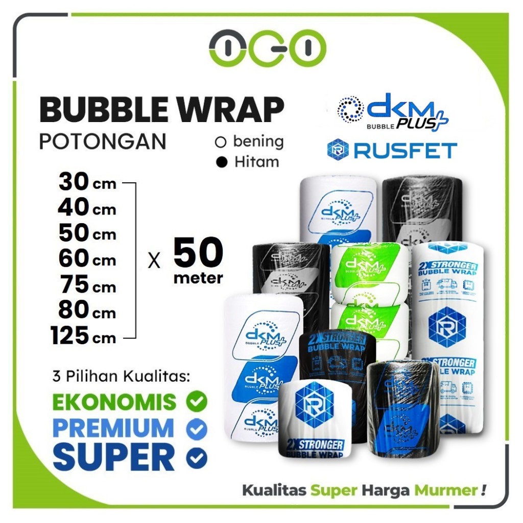 

Plastik Bubble Wrap Roll Kecil Ukuran 30cm s/d 125cm x 50meter Warna Bening dan Hitam DKM dan RUSFET