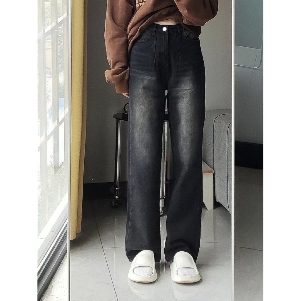 Abu-abu jenas wanita Celana Jeans Wanita Warna Abu-Abu Model Kulot Pinggang Tinggi Longgar Gaya Kore