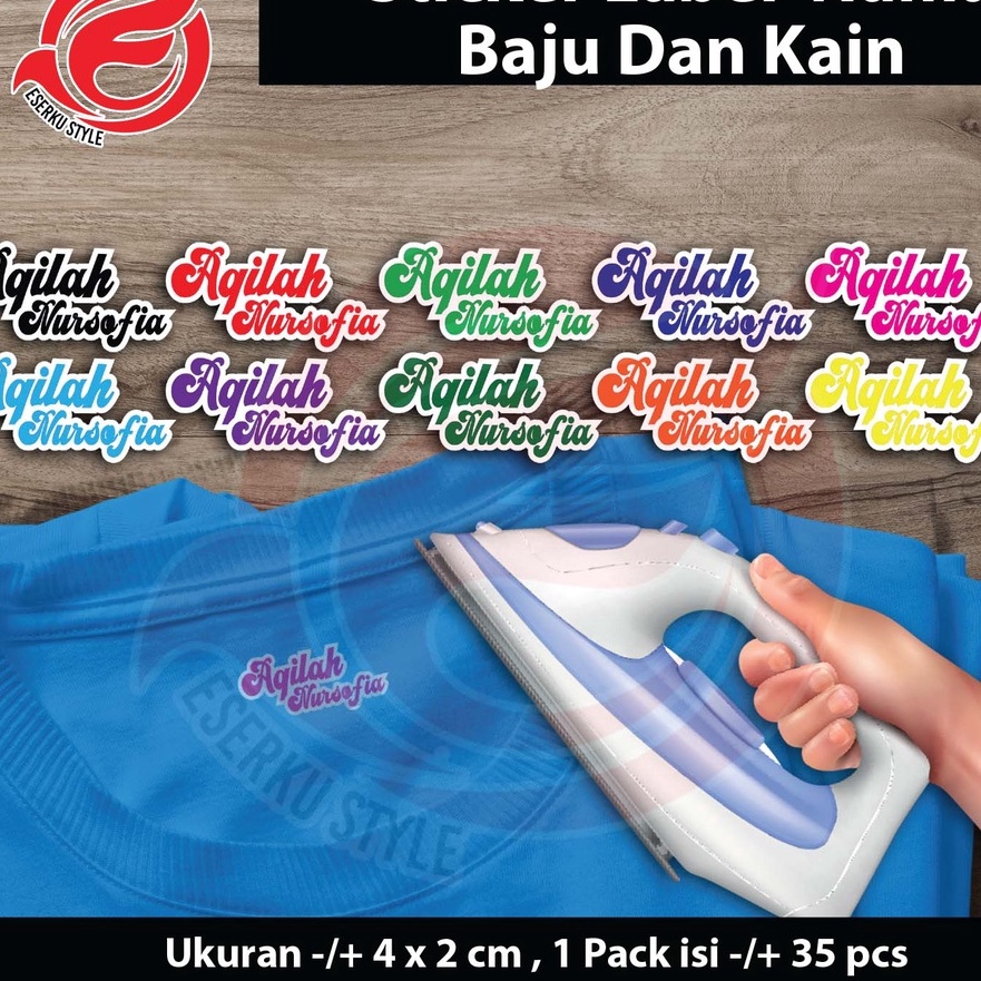 

Ekstra Sticker Label Nama Kain Baju Kaos Sablon Setrika Sticker Iron Custom Tulisan Per Pack isi 35 Pcs ukuran 4x2 cm