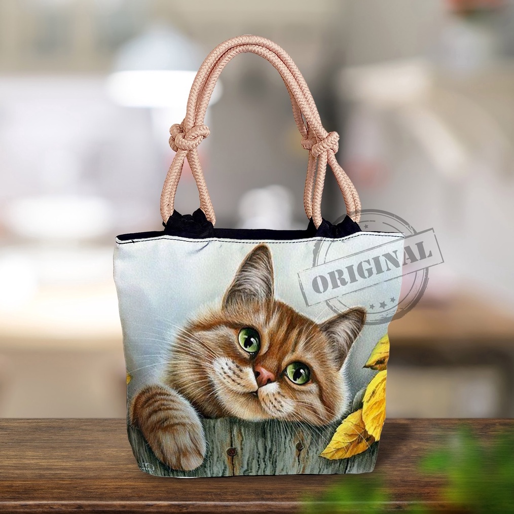 Hemat 35 Sekarang  Cuci gudang Tas Totebag Tali Sumbu Printing Gambar Motif Kucing