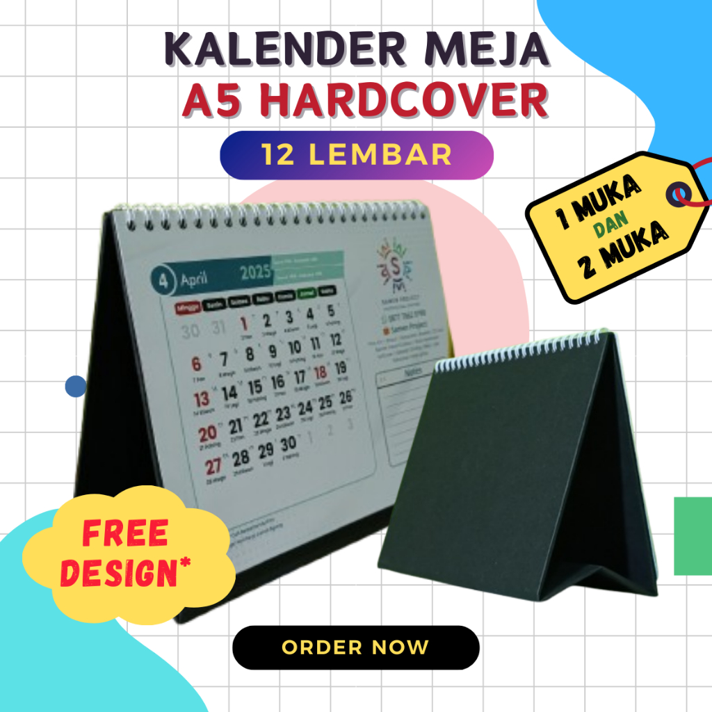 

Cetak Kalender Meja Duduk A5 Hard Cover Spiral Rangka Hitam 12 Lembar 1 atau 2 sisi Bolak Balik