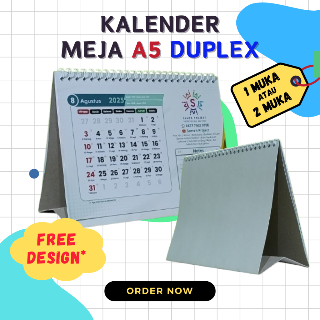 

Cetak Kalender Meja Duduk A5 Duplex Spiral Custom 3 6 7 12 Lembar 1 atau 2 sisi Bolak Balik Free Design