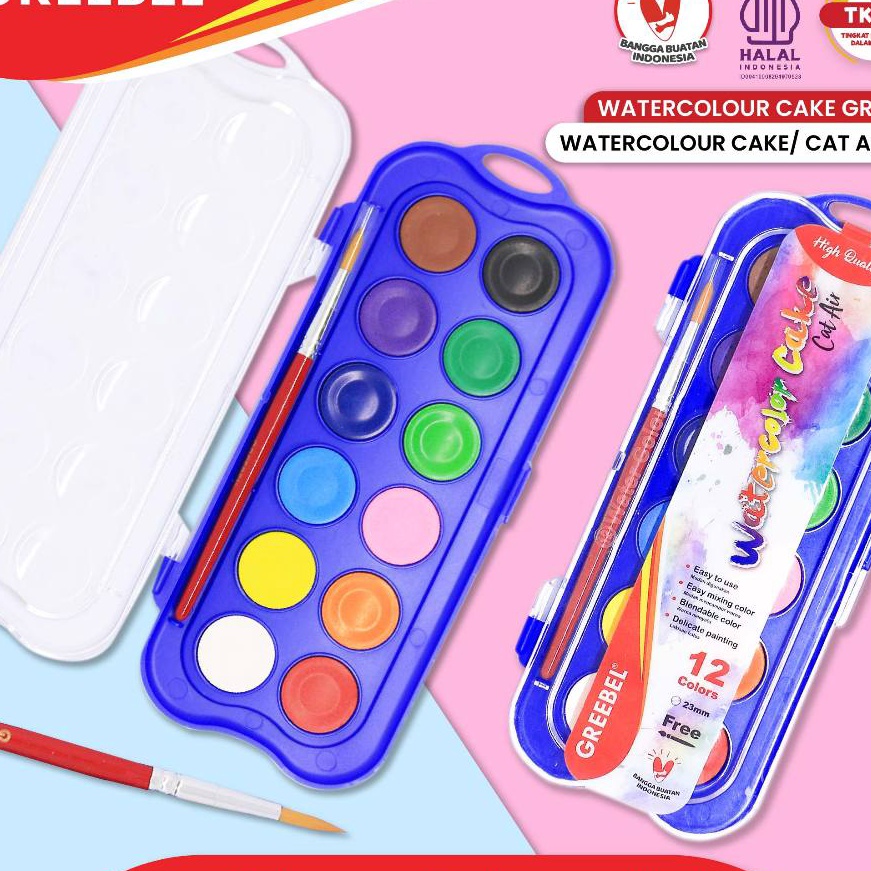 

Termurah GREEBEL Cat Air Isi 12 Warna Watercolor Cake Gratis Kuas 12C CAKE Cat Air Cat Lukis Melukis Mewarnai