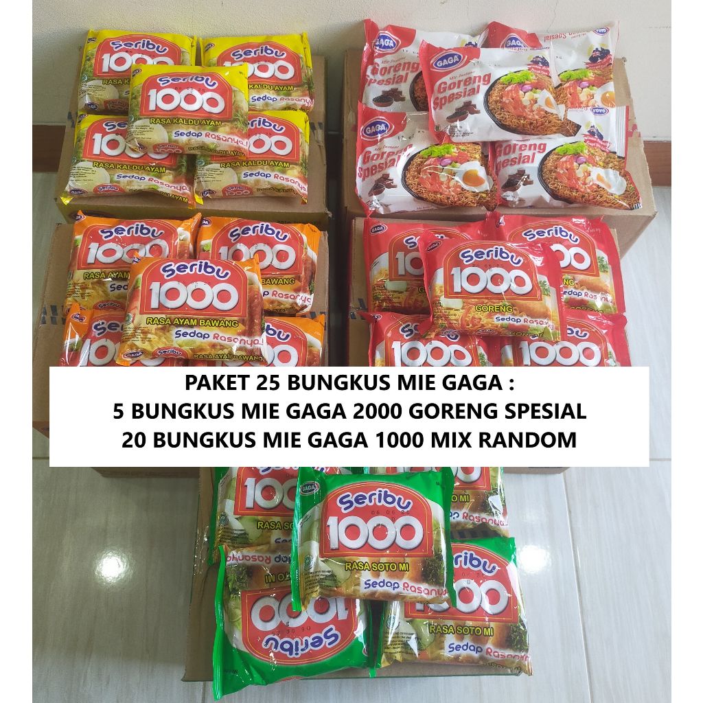 

Paket No C8 Isi 25 Pcs: 5 Mie Goreng Spesial , 20 Mie Gaga 1000 Seribu Random Goreng dan Soto