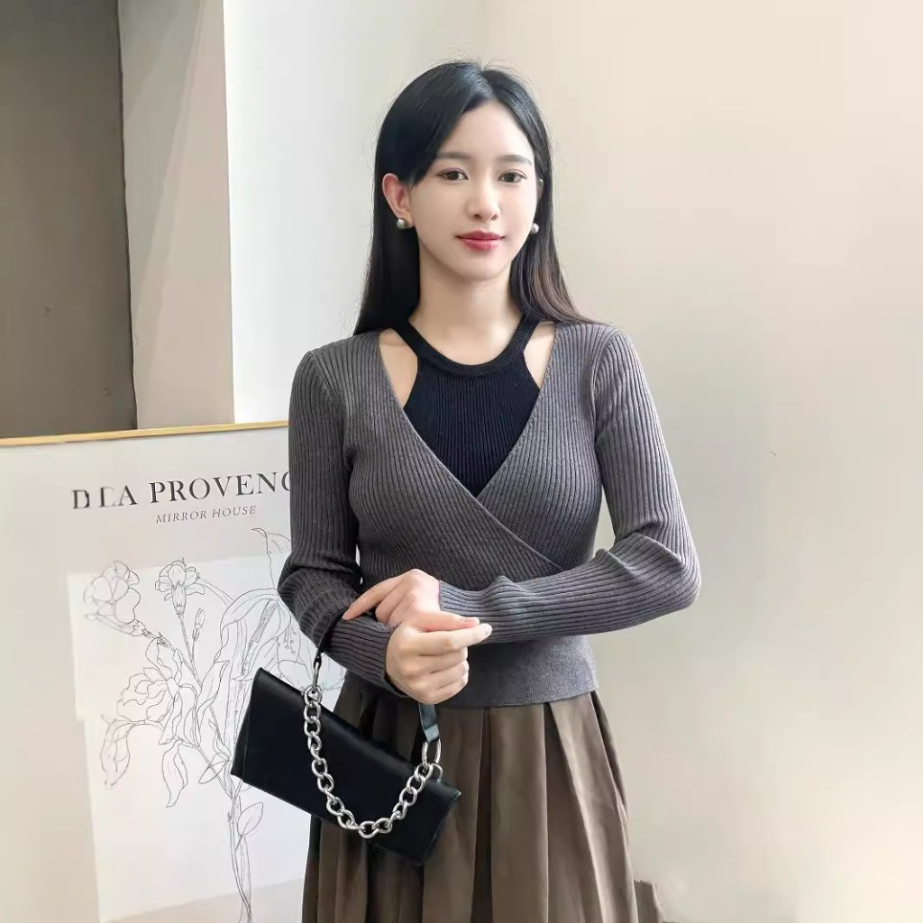 AJW Atasan Wanita Wrap Top Knit Premium RBY | Atasan Wanita Kekinian Ribbed Wrap Top Knit Lengan Pan
