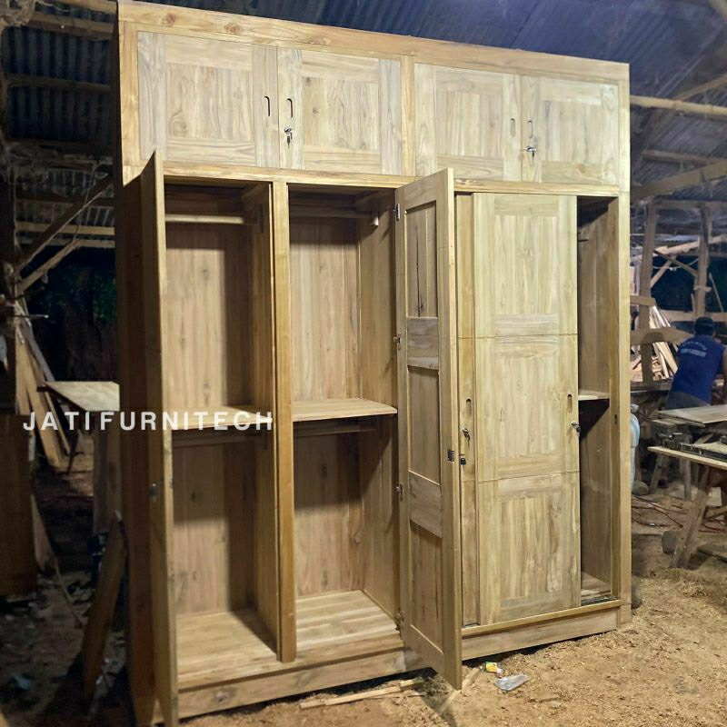 lemari minimalis kayu jati 4 pintu sleding tinggi plafon