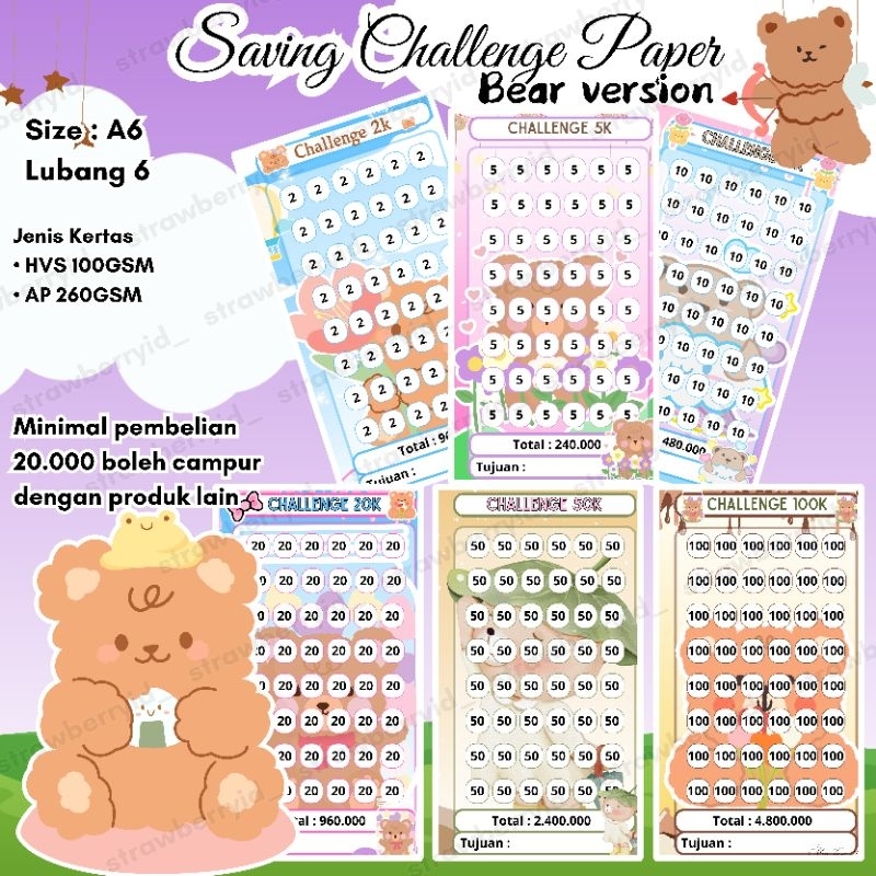 

[ BEAR SAVING CHALLENGE ] 1 LEMBAR SAVING CHALLENGE KERTAS MENABUNG LUBANG 6 BINDER A6 PREMIUM HVS 100GSM ARTPAPER 260GSM SINKING FUND