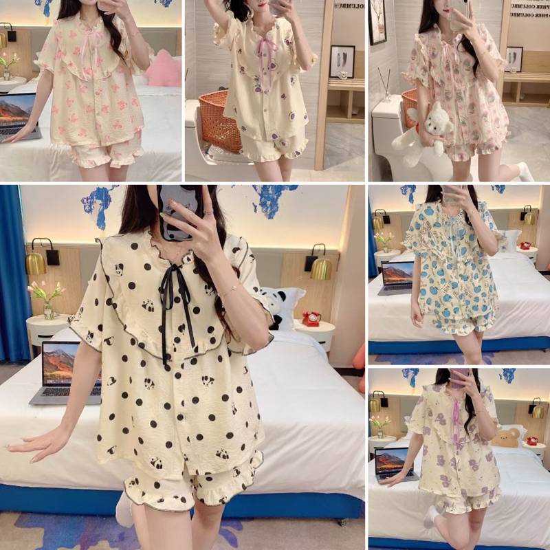 Setelan Piyama Import Lucu Ruffle Renda Model Korea PremiumBaju Tidur Wanita Import Home Daily Wear