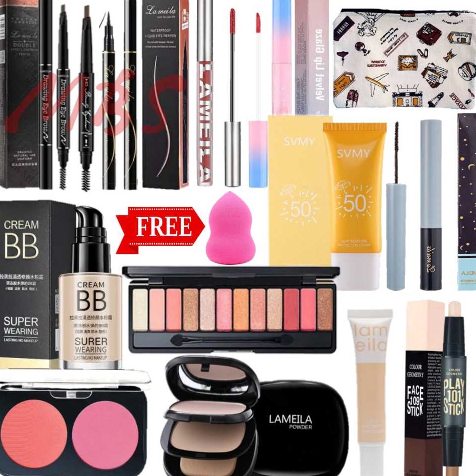Sedang Diskon  Paket Kosmetik Varian Lengkap 15 In 1 Lameila Alat Makeup 1 Set Free Beaauty Blender 