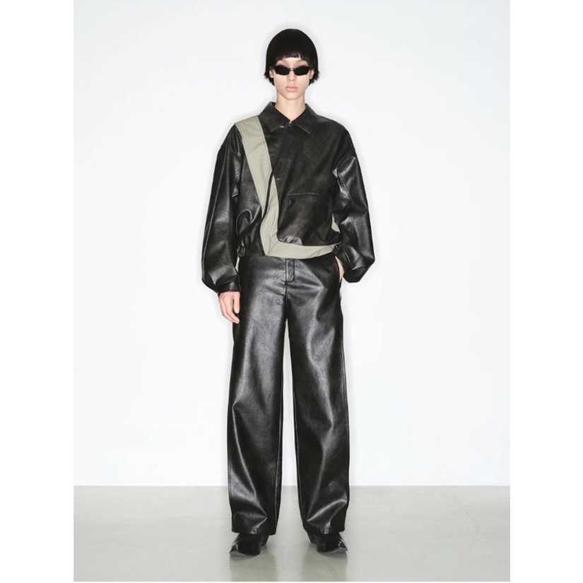 JAY - Celana Kulit Sintetis Pria Panjang Formal Elegan Casual Cool Black Pu Leather Straight Pants