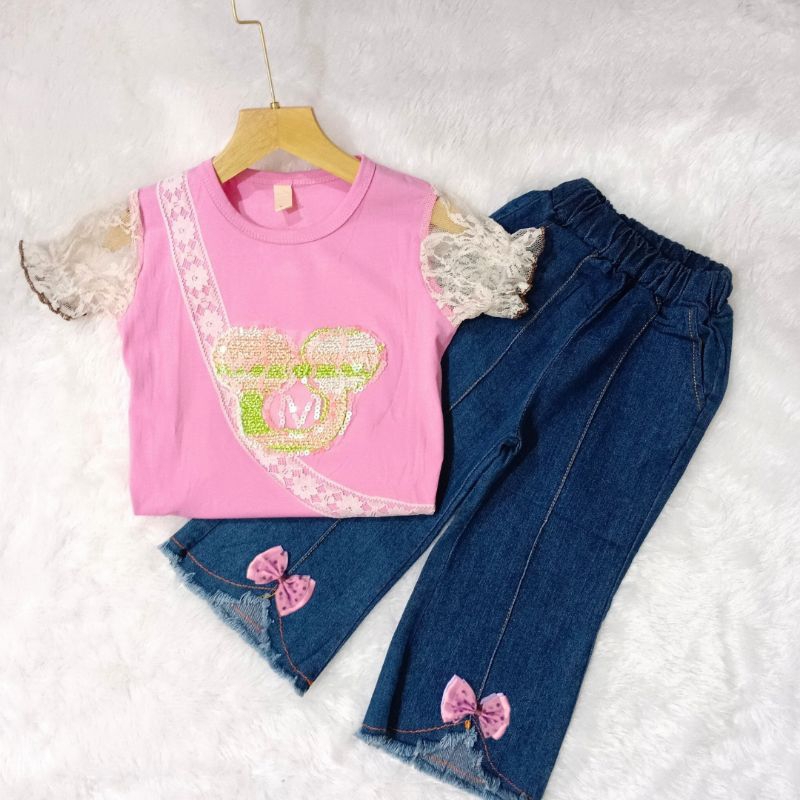 Setelan Anak Perempuan Set Celana Jeans Kaos Motif Disney Import 3-7 Tahun