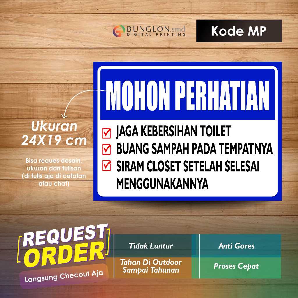 

STIKER MOHON PERHATIAN KEBERSIHAN TOILET + LAMINASI KODE MP BIRU CERAH