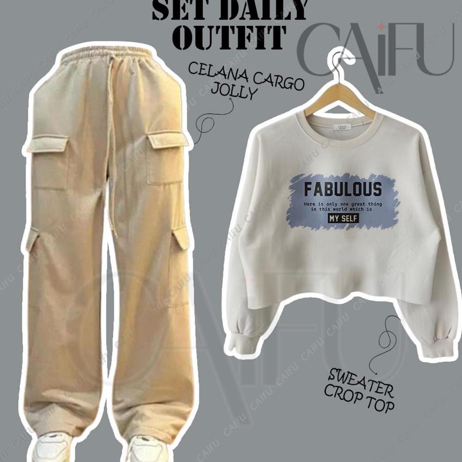 Free Garansi  ONE SET FABOLOUS SWEATER CROP  JOGGER POCKET JOY WANITA SET TERBARU Crop Top Lengan Ta