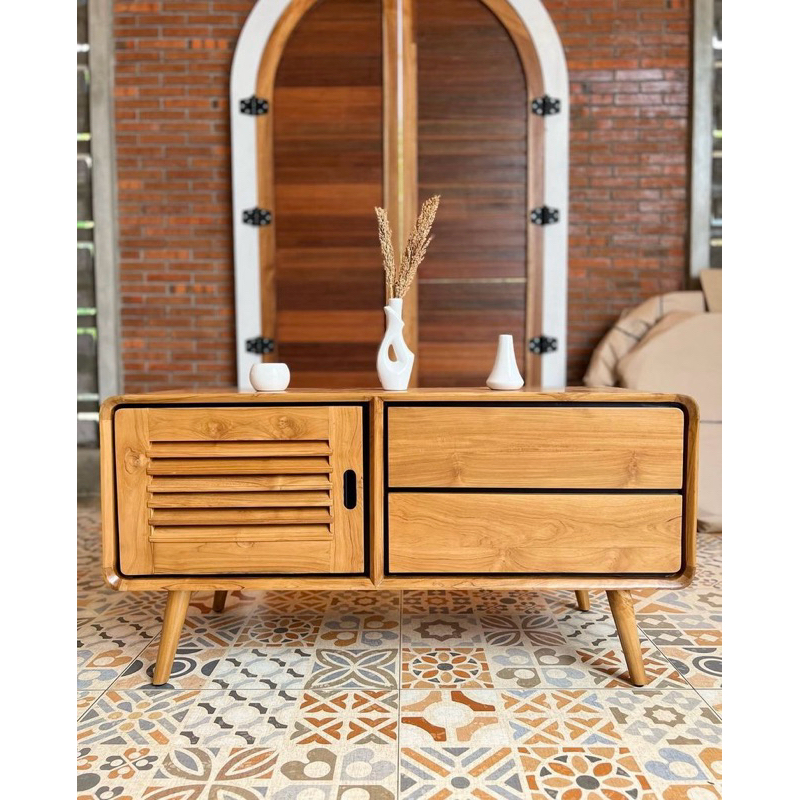 Meja Buffet tv Kayu Jati 2 pintu / BEST SELLER  Bufet TV Jati Minimalis Retro pintu Rotan Meja TV ka