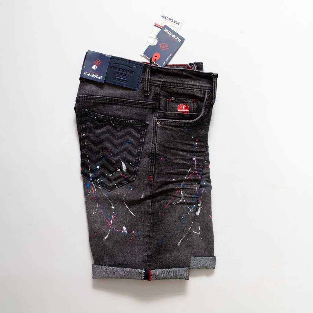 FIVE BROTHER Celana Jeans Pendek Pria Stretch Motif Abstrak Original Wisker selvedge