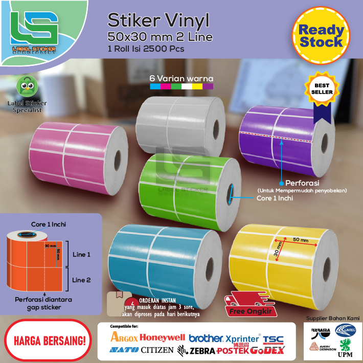 

LABEL STIKER VINYL 50X30 MM ISI 2500 PCS 2 LINE LABEL BARCODE VINYL YUPO 50X30 MM 2 LINE WARNA