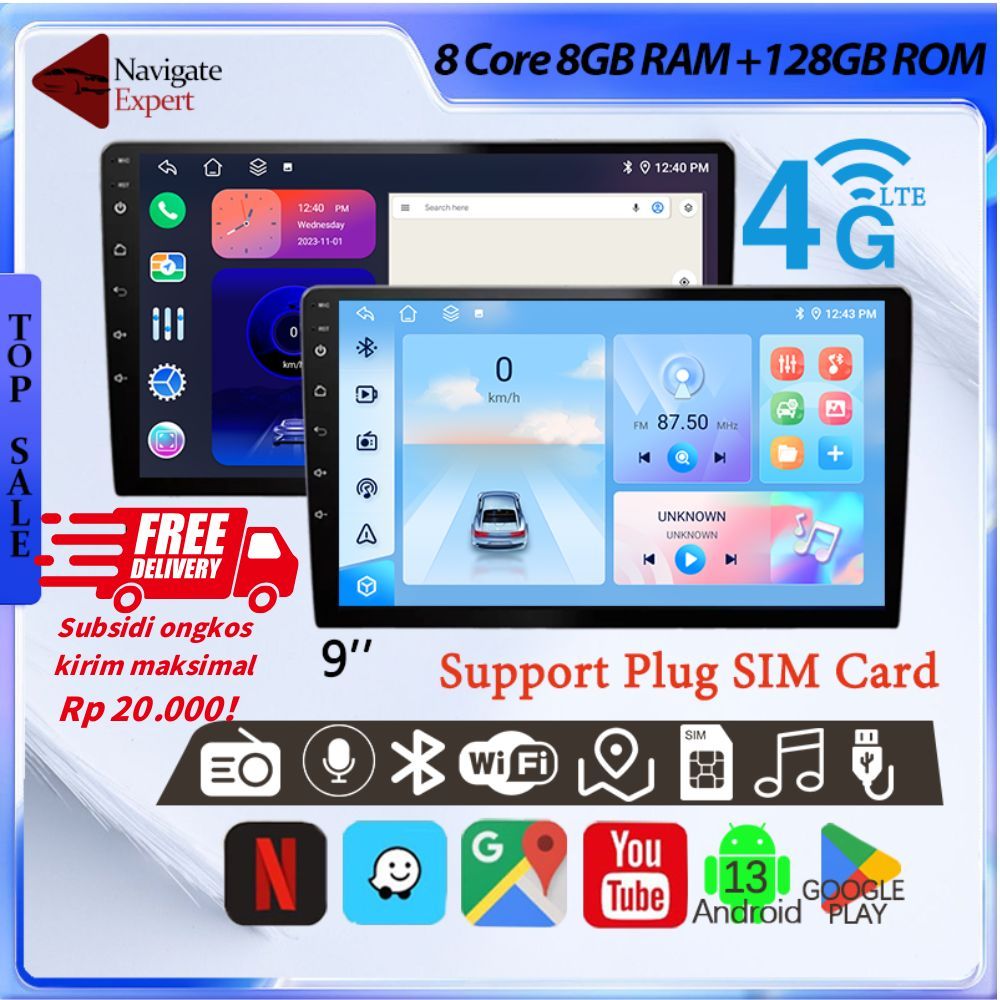 Head Unit Support 4G LTE SIM Card 8 Cores 8G + 128G IPS Car Screen Android 13 Mobile Navigasi , Buil