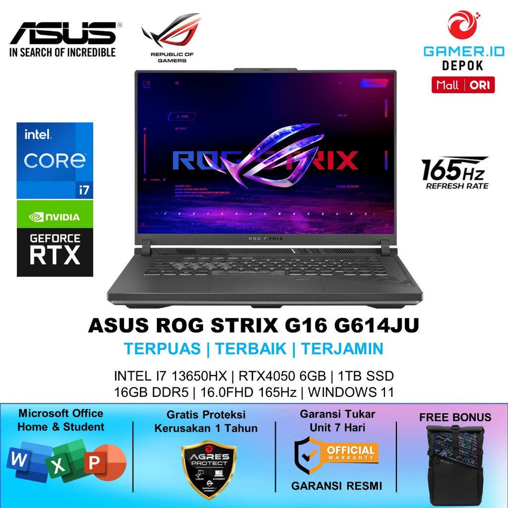 LAPTOP ASUS ROG STRIX G16 G614JU - RTX4050 6GB - I7 13650HX 16GB RAM 512GB SSD WINDOWS 11 OHS 165HZ