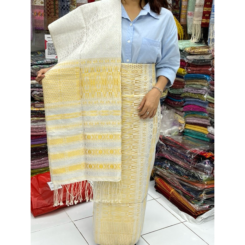 Tumtuman tanpa sambung benang benang kristal korea songket tarutung songket pengantin putih gold