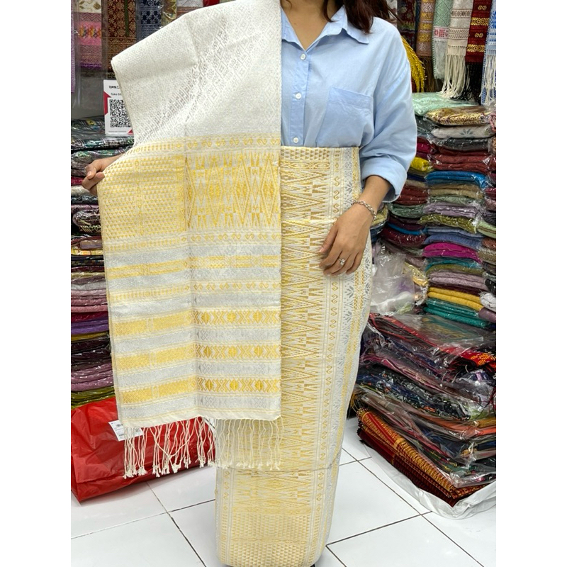 Tumtuman tanpa sambung benang benang kristal songket tarutung songket pengantin putih gold