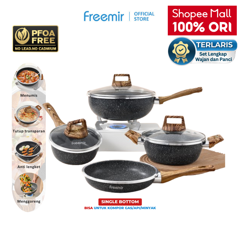 Gratis Panci Listrik freemir Wajan Panci Set 7Pcs Black 26/20/20/16 Granite Anti Lengket Serbaguna