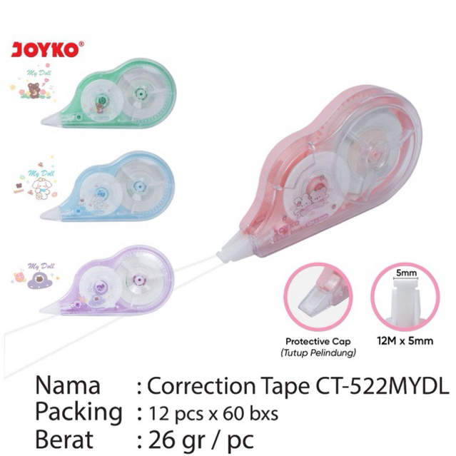 

( 1 pcs ) CT522 MYDL Tipex Kertas / Correction Tape CT-522-MYDL Boneka / Pita Koreksi Joyko Soft Grip CT-522 Doll ( 12 meter x 5 mm )