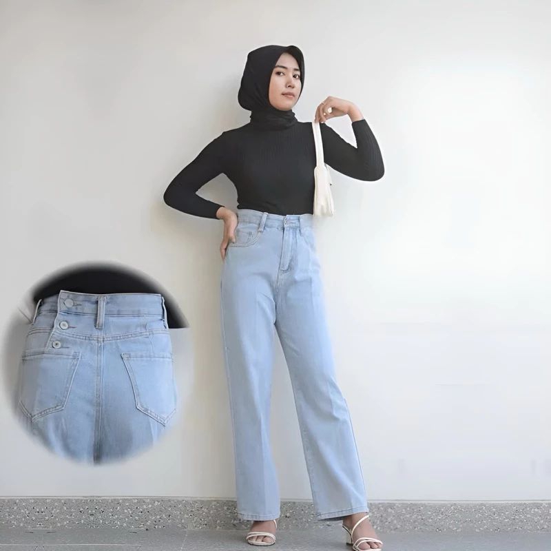 Celana Jeans Triple Button Highwaist - Celana Jeans Wanita Trending Model Terbaru Kekinian