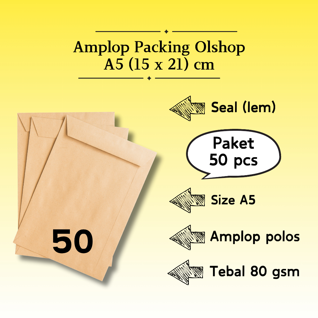 

50 Pcs Potrait - Amplop Packaging Kraft Potrait Amplop Klasik Coklat Polos Seal (Pakai Lem) A5 (15 x 21 cm)