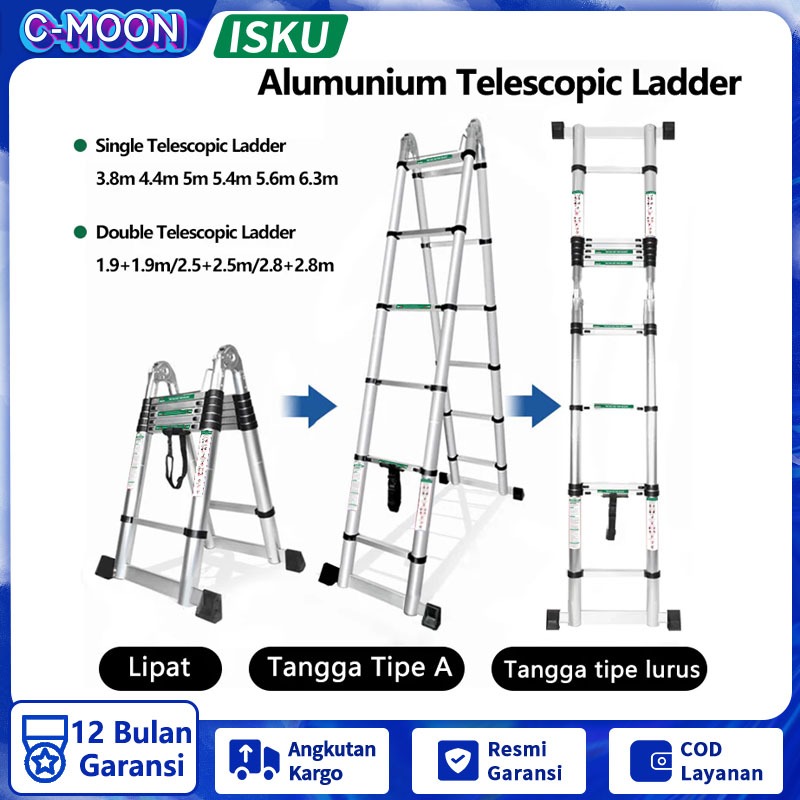 ISKU Tangga Lipat Aluminium Teleskopik/Single Telescopic Ladder 3.8m 4.4m 5m 5.4m 6.3m Meter Tangga 