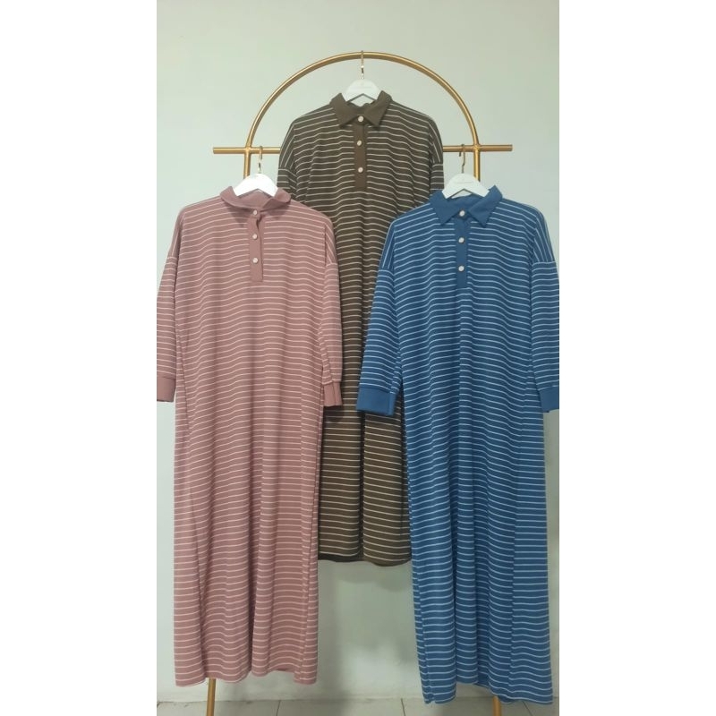Frendi collection | Gamis knit kerah bkk premium import, long dress knit kerah motif salur, dress kn