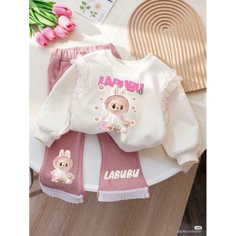 Setelan labubu anak perempuan terbaru usia 1-6 tahun One set anak perempuan celana kulot renda motif