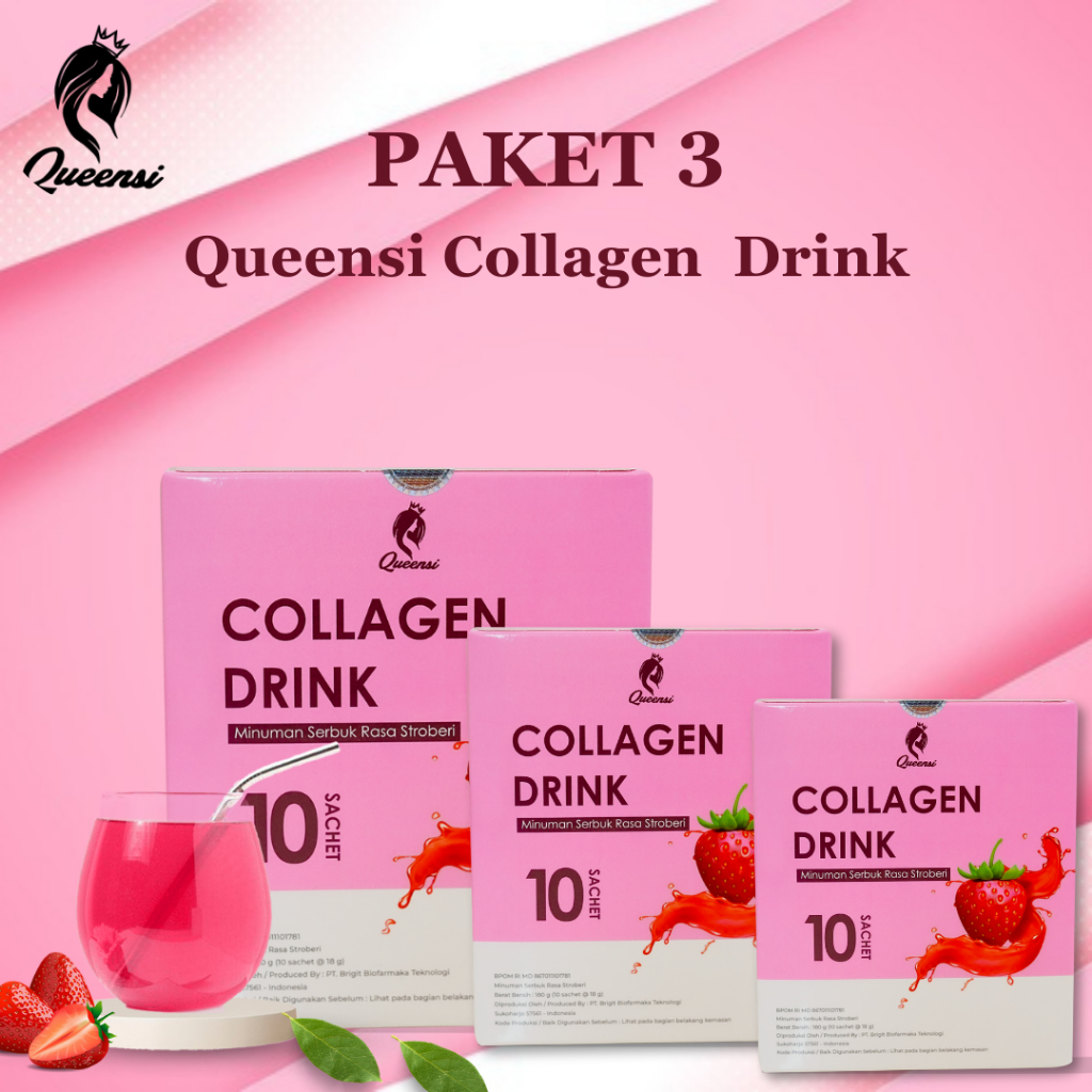 QUEENSI Paket 3 Minuman Kolagen Mencerahkan dan Melembabkan kulit Original 200% BPOM