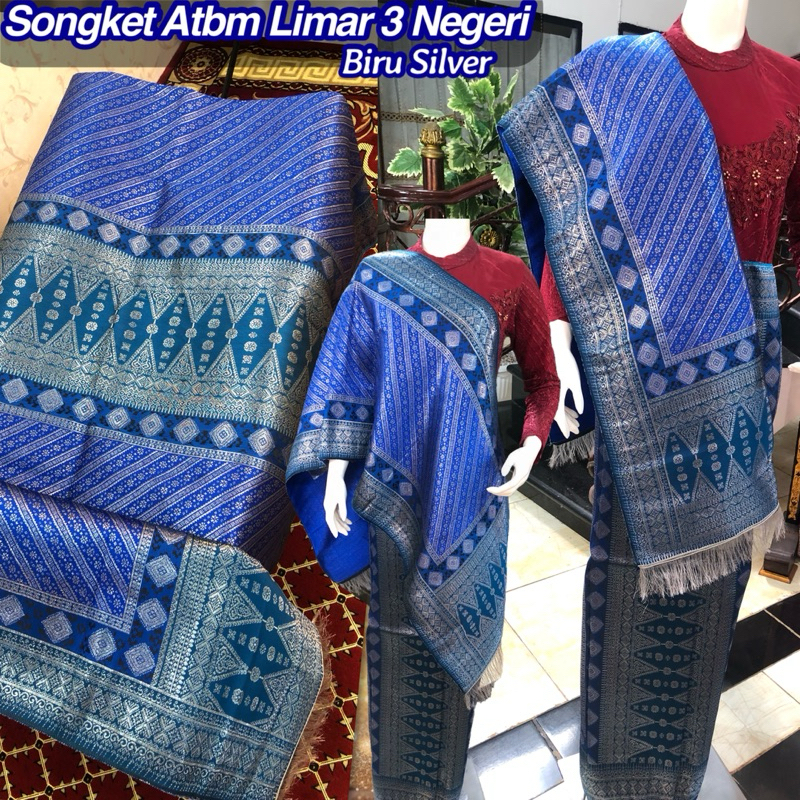 NEW Songket Atbm Limar 3 Negeri Exclusive Biru Silver,Gold&Tembaga/ Songket Tenun Mesin Palembang il