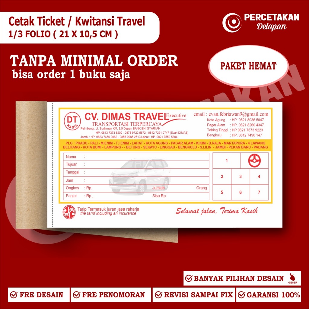 Cetak kwitansi / tiket travel bebas custom