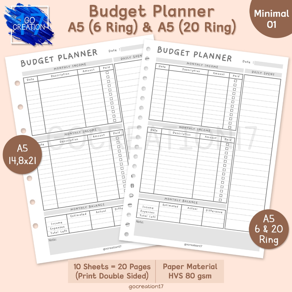 

Kertas Planner Isi Binder Budget Planner Minimalist Simple A5