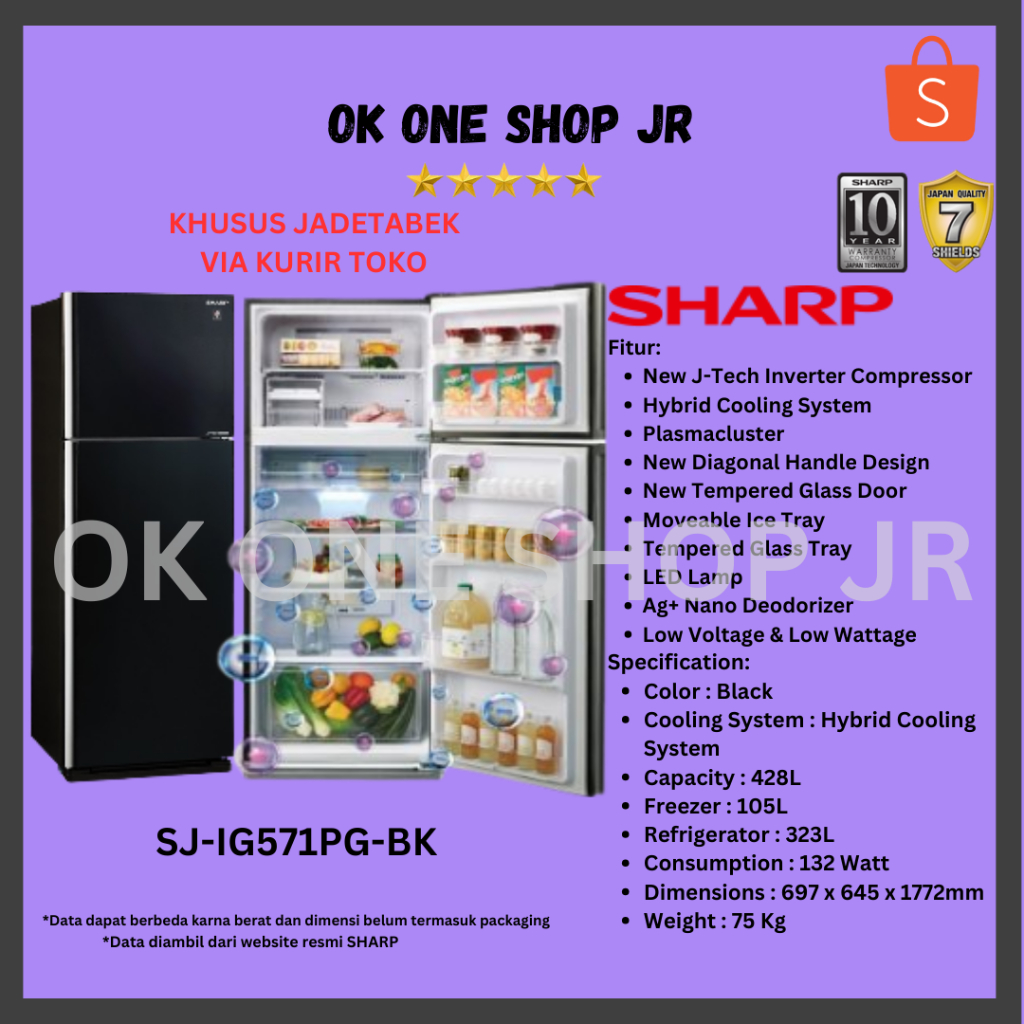 SHARP Kulkas 2 Pintu SJ-IG571PG-BK - 428 Grand Vetro SJ IG 571 PG BK