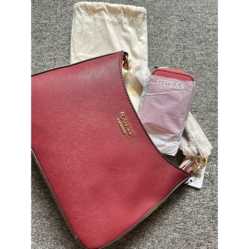 TAS GUESS MEEKO SHOULDER BAG 100% ASLI LEATHER BNOB RED (BUKAN BARANG PRELOVED)