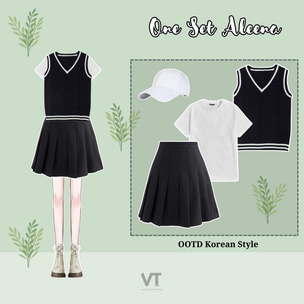 One Set Aleena (Topi, Kaos, Vest, Rok) OOTD Korean Style ✿ Topi putih polos ✿ Kaos Polos Lengan Pend