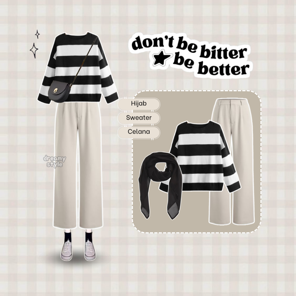 Flowy One Set Korean Style OOTD Korean Wanita (Hijab,Sweater,Celana) Outfit Ulzzang - DR16