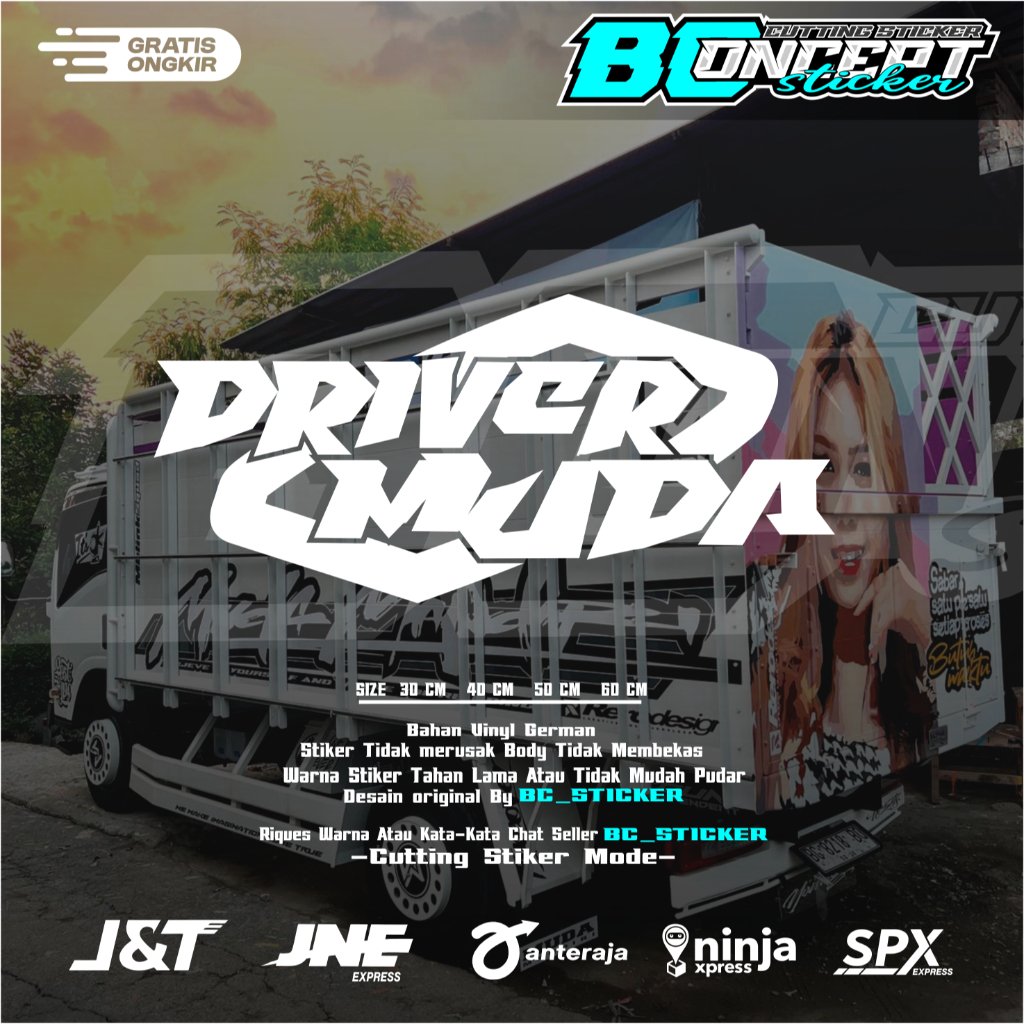Stiker truk kata-kata driver muda cutting Stiker variasi kaca mobil truk pickup  driver muda