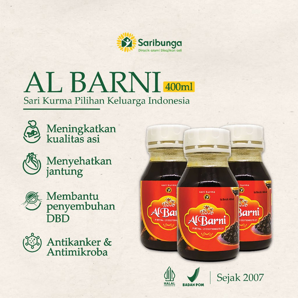 

Sari Kurma Al Barni Saribunga Isi 400ml Grade A+ - Sari Kurma Grade A+