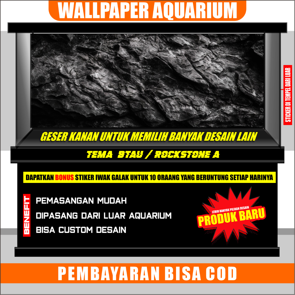 sticker aquarium, background aquarium 3d, wallpaper aquarium belakang 3d gambar batu rockstone