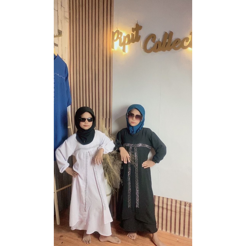 abaya anak mewah payet 3 hitam putih gamis anak SD usia 7-10tahun  longdres buka tutup anak baju mus