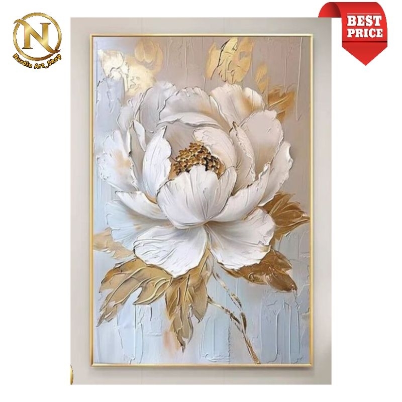 Lukisan Modern Bunga Peony Tekstur Plus Frame